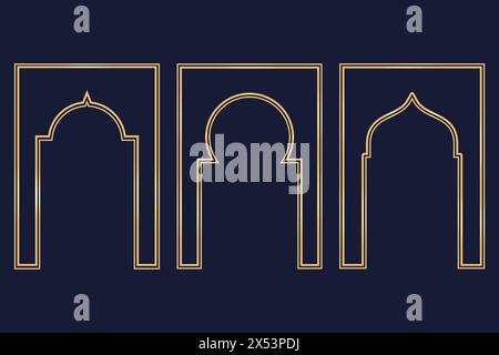 Ramadan Islamic arch frame. Vector Muslim traditional door illustration for wedding invitation post and templates. Golden frames in oriental style Stock Vector