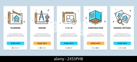 Architect development, renovation and interior icons, mobile app onboarding screens vector templates. Construction and architecture web application UI banners with outline building plan, house project Stock Vector