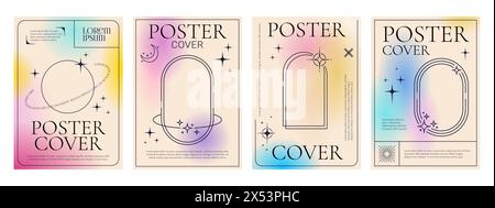 Aesthetic gradient Y2K posters and cover templates with line frames, vector backgrounds. Modern pastel color gradient posters with Y2K aesthetic geometric minimal arches and circles or stars shapes Stock Vector