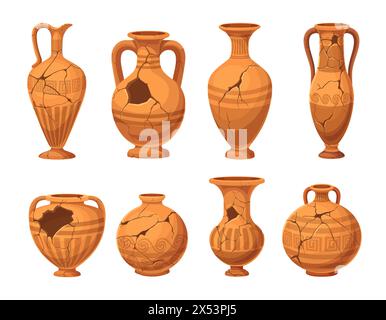 Ancient broken vases and pottery. Old ceramic cracked pots or jugs. Isolated vector set of shattered fragments of historical crockery, past civilization cultural heritage and archaeologists artefacts Stock Vector