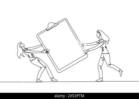 Single one line drawing two angry businesswoman fighting over big clipboard. Useful to make it easier to check reports. Businesswoman conflict. Aggres Stock Vector
