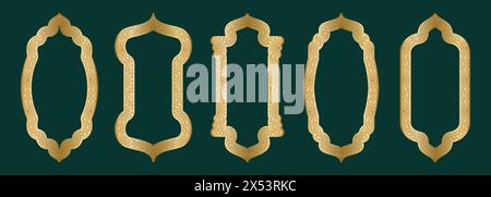Gold arch frame shape Islamic door or window with geometric girikh pattern, silhouette Arabic arch. Luxury set in oriental style. Frames in Arabic Stock Vector