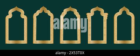 Gold arch frame shape Islamic door or window with geometric girikh pattern, silhouette Arabic arch. Luxury set in oriental style. Frames in Arabic Stock Vector