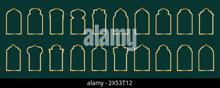 Gold arch frame shape Islamic door or window with geometric girikh pattern, silhouette Arabic arch. Luxury set in oriental style. Frames in Arabic Stock Vector