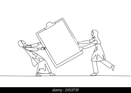 Continuous one line drawing two angry Arabian businesswoman fighting over clipboard. Useful to make it easier to check reports. Businesswoman conflict Stock Vector