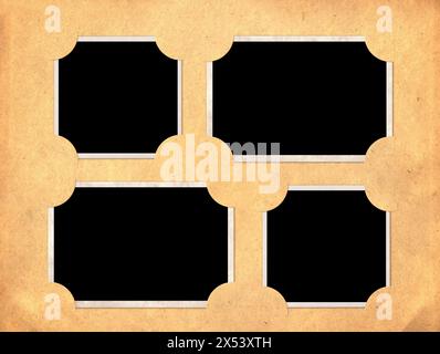 Horizontal vintage album page with four retro photo frames. Nostalgic scrapbooking style. Mock up template. Copy space for text Stock Photo