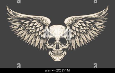Skull with Wings Engraved Illustration Isolated on Black Background vector illustration. No AI software was used. Stock Vector