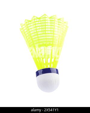 One yellow badminton shuttlecock isolated on white, Sports equipment Stock Photo