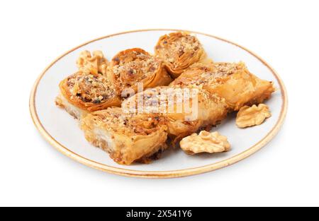 Eastern sweets. Pieces of tasty baklava isolated on white Stock Photo