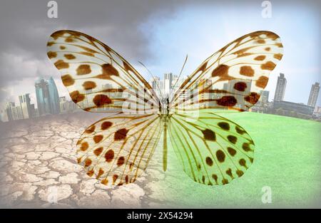 Double exposure of butterfly and conceptual image depicting Earth destroying by environmental pollution Stock Photo
