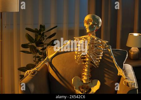 Waiting concept. Human skeleton sitting in armchair indoors Stock Photo