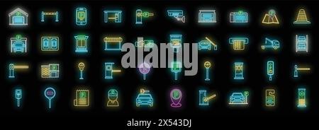Paid parking icons set outline vector. Park gate. Garage place neon color on black Stock Vector