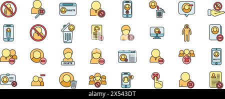 Delete user icons set outline vector. Access avatar. Call add thin line color flat on white Stock Vector