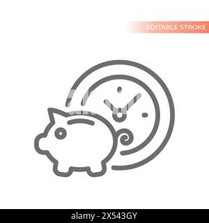Investment and savings management line icon. Clock and piggy bank, budget vector. Stock Vector