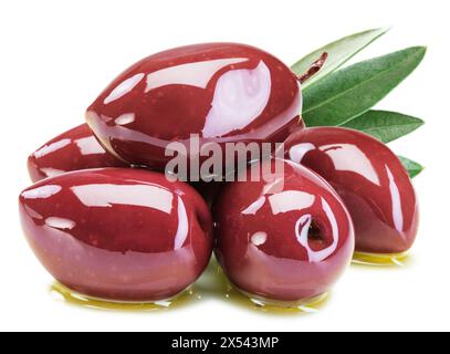Kalamata olives in olive oil puddle isolated on white background. Stock Photo