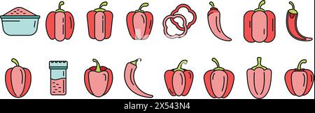 Paprica icons set outline vector. Capsicum bell. Chilli vegetable thin line color flat on white Stock Vector