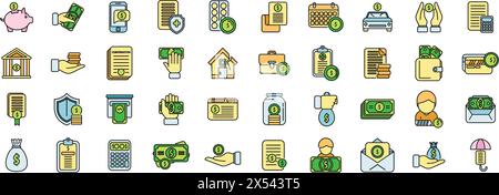 Compensation icons set outline vector. Pension money. Fund bank thin line color flat on white Stock Vector