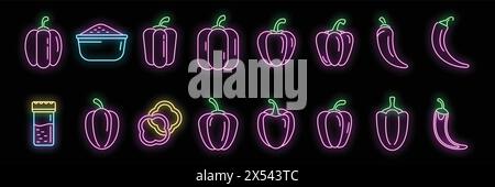 Paprica icons set outline vector. Capsicum bell. Chilli vegetable neon color on black Stock Vector