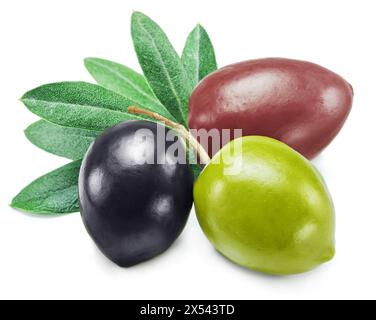 Kalamata, green and black olives with olive leaves isolated on white background. Stock Photo