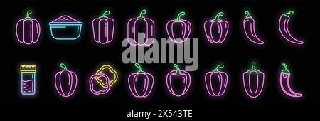 Paprica icons set outline vector. Capsicum bell. Chilli vegetable neon color on black Stock Vector