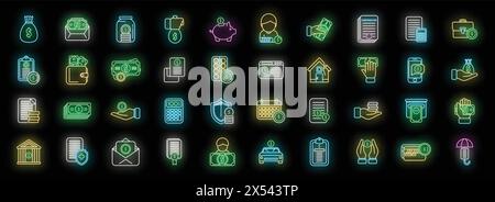 Compensation icons set outline vector. Pension money. Fund bank neon color on black Stock Vector