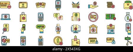 Payment cancellation icons set outline vector. Bank app. Business card thin line color flat on white Stock Vector