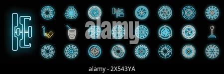 Clutch icons set outline vector. Machine engine. Auto parts neon color on black Stock Vector