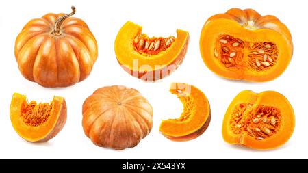 Set of ripe orange pumpkins and pumpkin slices isolated on white background. Stock Photo