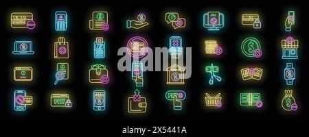 Payment cancellation icons set outline vector. Bank app. Business card neon color on black Stock Vector