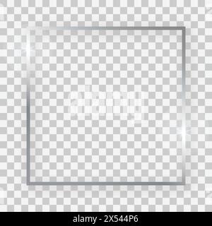 Silver shiny square frame with glowing effects and shadows on transparent background. Vector illustration Stock Vector