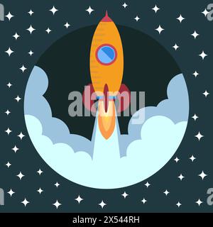 Space rocket ship in round piece. Space rocket launch. Project startup and development process concept. The rocket flies upwards. Stock Vector