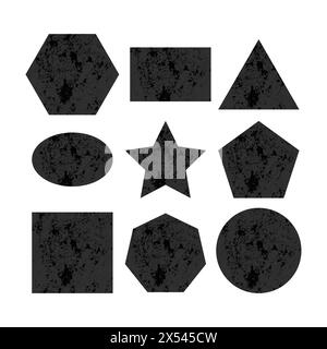 Scratched geometric figures. Set of nine Dark figures with distressed grunge texture isolated on white background. Vector illustration. Stock Vector