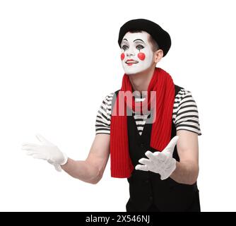 Funny mime artist in beret posing on white background Stock Photo