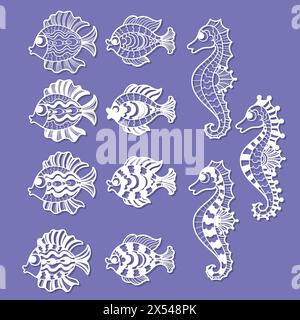 Stylized seahorses and fish. A set of templates for laser cutting from paper, cardboard, wood, metal. For the design of interior decorations, cards, s Stock Vector
