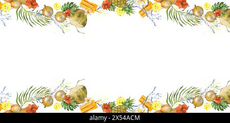 Seamless Banner of Summer Beach Accessories. Watercolor Sunglasses, Tropical Fruits, Flowers, Leaves, Ice Cream, Hat. For Wallpaper, Wrapping Paper, W Stock Photo