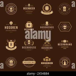 Vintage Beer Logos Set. Vector design elements, Beer Labels, Beer Vector, Beer Bottle, Beer Icons, Beer Symbols. Retro Logos. Vintage Labels. Logo ele Stock Vector