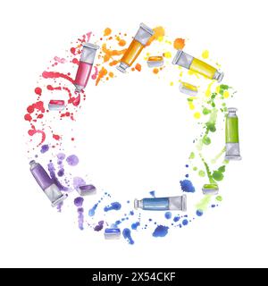 Paint tube cuvette round wreath frame. Watercolor gouache with expressive colorful splashes and drops. Colors of rainbow. Creative supplies for Stock Photo