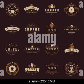 Coffee Shop Logos, Badges and Labels Design Elements set. Cup, beans, cafe vintage style objects retro vector illustration. Stock Vector