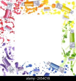 Paint tube square frame watercolor gouache with expressive colorful splashes and drops. Colors of rainbow. Creative supplies for drawing. Hand drawn Stock Photo