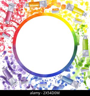 Paint tube round frame watercolor gouache with expressive colorful splashes and drops. Colors of rainbow. Creative supplies for drawing. Hand drawn Stock Photo