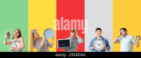Collage of emotional young people with clocks and computer on color background. Concept of deadline Stock Photo