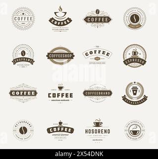 Coffee Shop Logos, Badges and Labels Design Elements set. Cup, beans, cafe vintage style objects retro vector illustration. Stock Vector