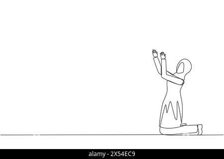 Single one line drawing Arabian businesswoman kneeling raising hands to pray. Praying to make it easier to do business. Businesswoman lost hope. Surre Stock Vector