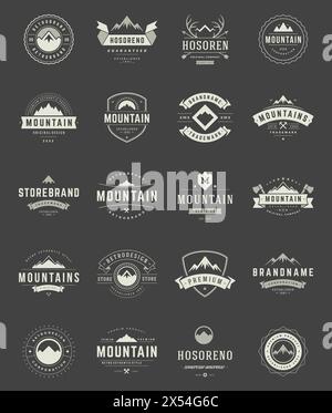 Set Mountains Logos, Badges and Labels Vintage Style. Design elements retro vector illustration. Stock Vector