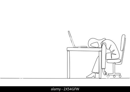 Continuous one line drawing Arabian businesswoman fell asleep in front of a laptop. Fatigue running a business. Mental health problem. Exhausted. Bore Stock Vector