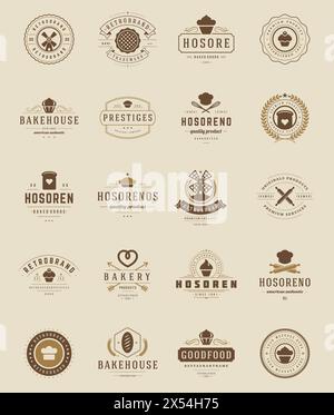 Bakery Shop Logos, Badges and Labels Design Elements set. Bread, cake, cafe vintage style objects retro vector illustration. Stock Vector