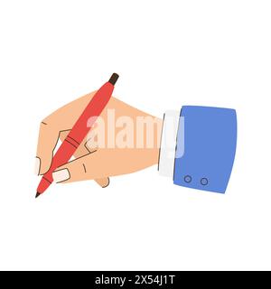 A hand is holding a red pen and writing. Concept of creativity and the importance of writing. Flat vector illustration isolated on white background. Stock Vector