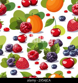Vector seamless pattern with fruits, berries and green leaves. Isolated illustration on white background. Summer fruit design for fabric, textiles, be Stock Vector