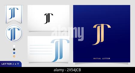 a set of business cards with the letter JT, Luxury Initial Letters J and T Logos Designs in Blue Colors for branding ads campaigns, letterpress Stock Vector