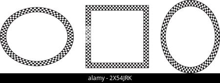 Oval, square and circle frames with checkered print. Elliptic, rectangular and round vignettes with checkerboard, race flag or chess game pattern Stock Vector